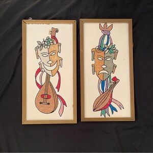 Tragedy And Comedy Gravel Art 1960s Teal Coral Pink Purple Gold Mask Happy Sad